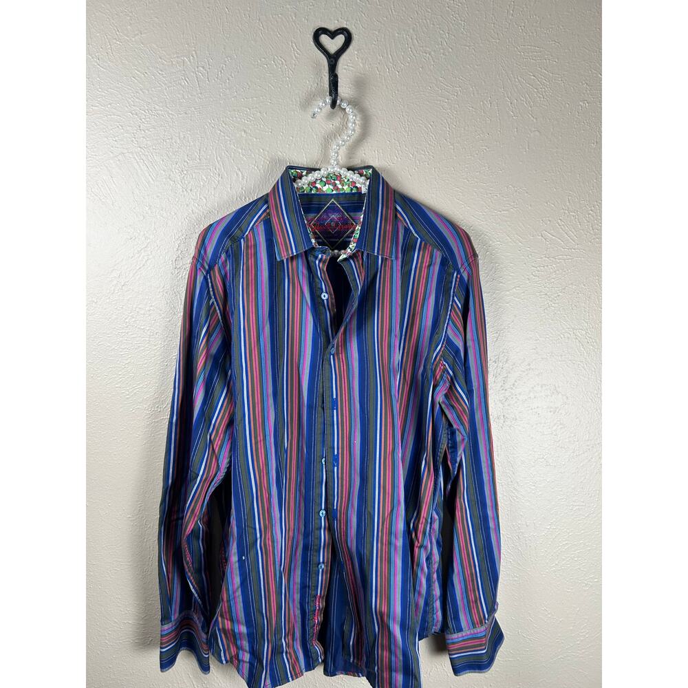 Robert Graham Size Medium Button Up Shirt Flip Cuff Contrasting Colorful Stripes
